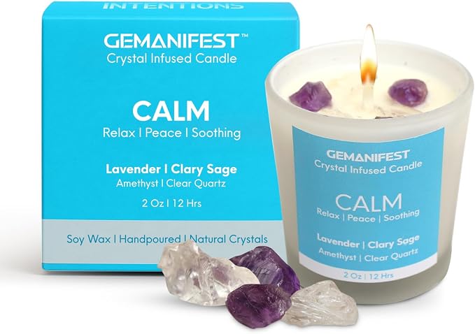 Stress Relief Manifestation Crystals Candle, Lavender Essential Oil & Healing Soy Candle Anti-Anxiety, Valentine's Gift for Her/Him, Women's Wellness & Spiritual Healing