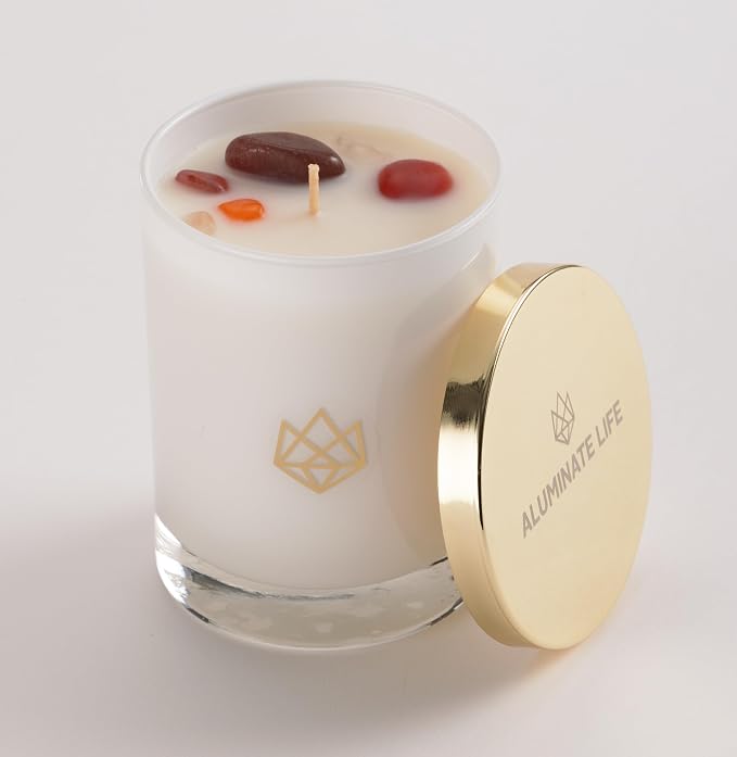 Luxury Glass Jar Seasonal Candle, 14 OZ, Spark - Red Aventurine Crystal Infused - Holiday Scents of Orange Peel, Smoky Undertones, & White Cedar - Coconut Wax, Essential Oils