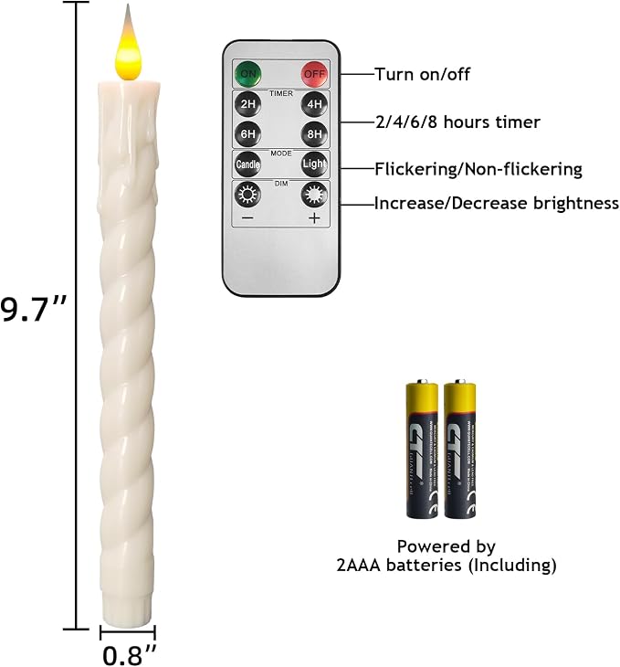 Flameless Taper Candles with Remote,Timer, Dimmer,9.7 Inch Ivory 6 Pack LED Candlesticks,Realistic Wax Drip,Taper Candles Battery Operated Flickering for Christmas Wedding Halloween Home Decor