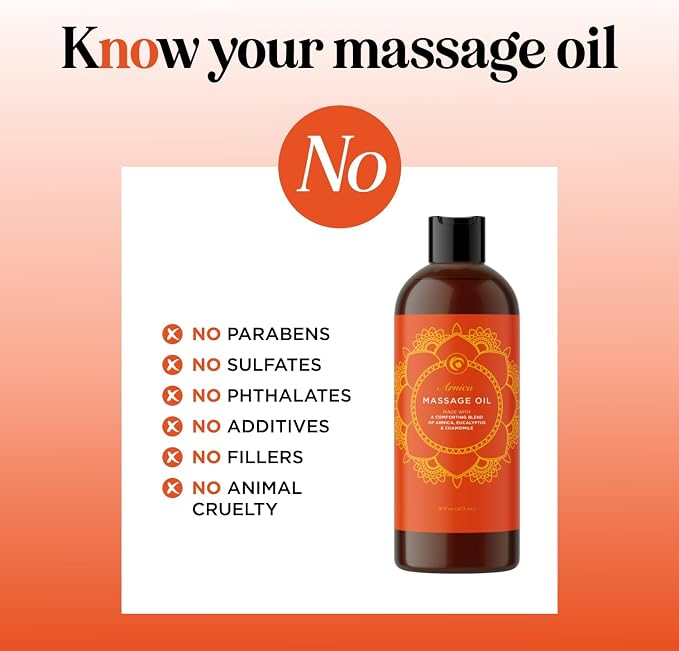 Arnica Massage Oil for Muscle Relaxing - Comforting Sore Muscle Massage Oil for Full Body Relief with Soothing Chamomile Lavender Peppermint & Rosemary Essential Oils - Vegan & Non GMO (16 Fl Oz)