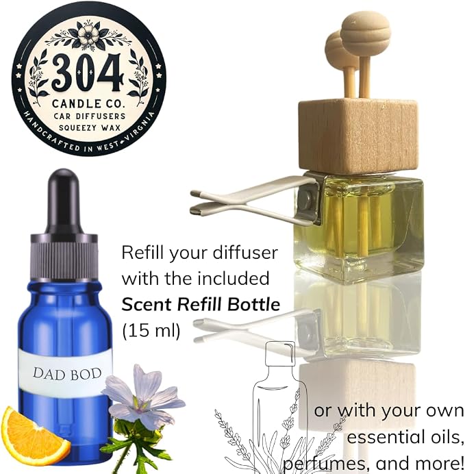 Cute Refillable Car Air Freshener Vent Clip 8mL – Dad Bod – 15mL Refill Included – Long Lasting Fragrance Oil Diffuser – 100% American Handmade Odor Eliminator