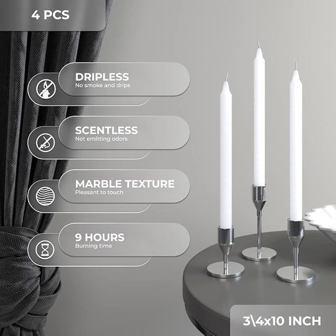 CANDWAX White Taper Candles Pack of 4 - Slow Burning Dripless Unscented Straight Candles 10 inch - Ideal for Dinner Table - Smokeless Long Candlesticks