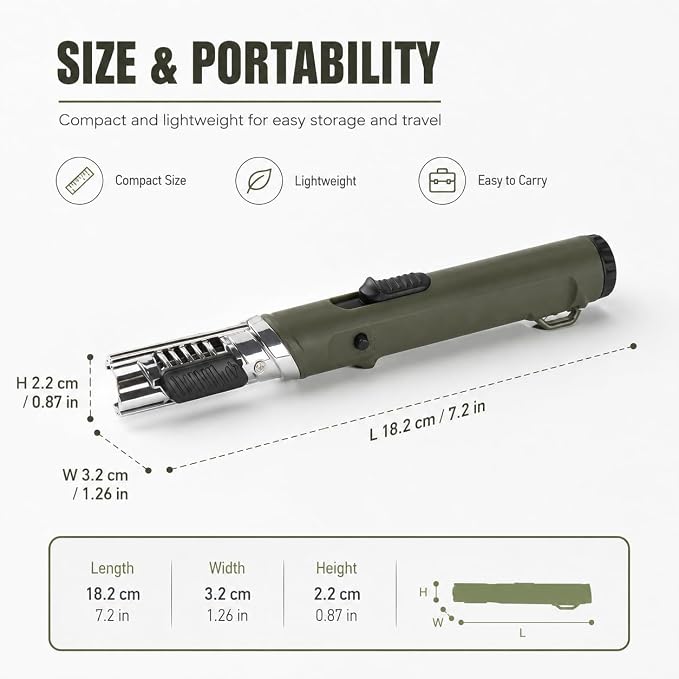 Flexible Neck Torch Lighter, Windproof Jet Flame, Refillable with Safety Lock & Adjustable Flame, 1300°C High Temp Extended Handle Lighter for Candle BBQ Kitchen Camping (Without Butane)-Dark Green