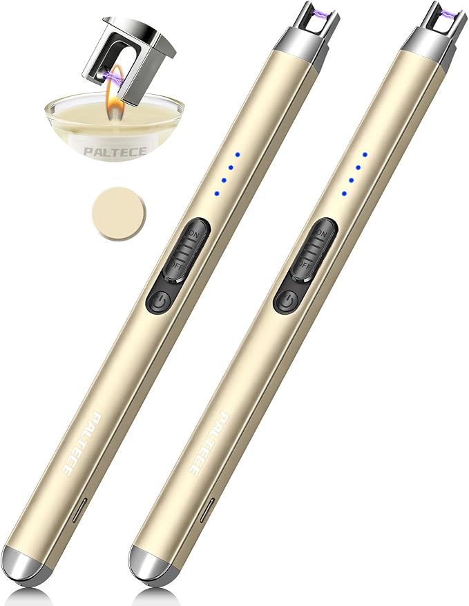 2 Pack Candle Lighter USB Rechargeable Electric Plasma Arc Lighters with Safety Lock, Windproof Flameless Long Lighters Matches for Candle, Grill, BBQ, Camping, Gas Stoves (Gold*2)