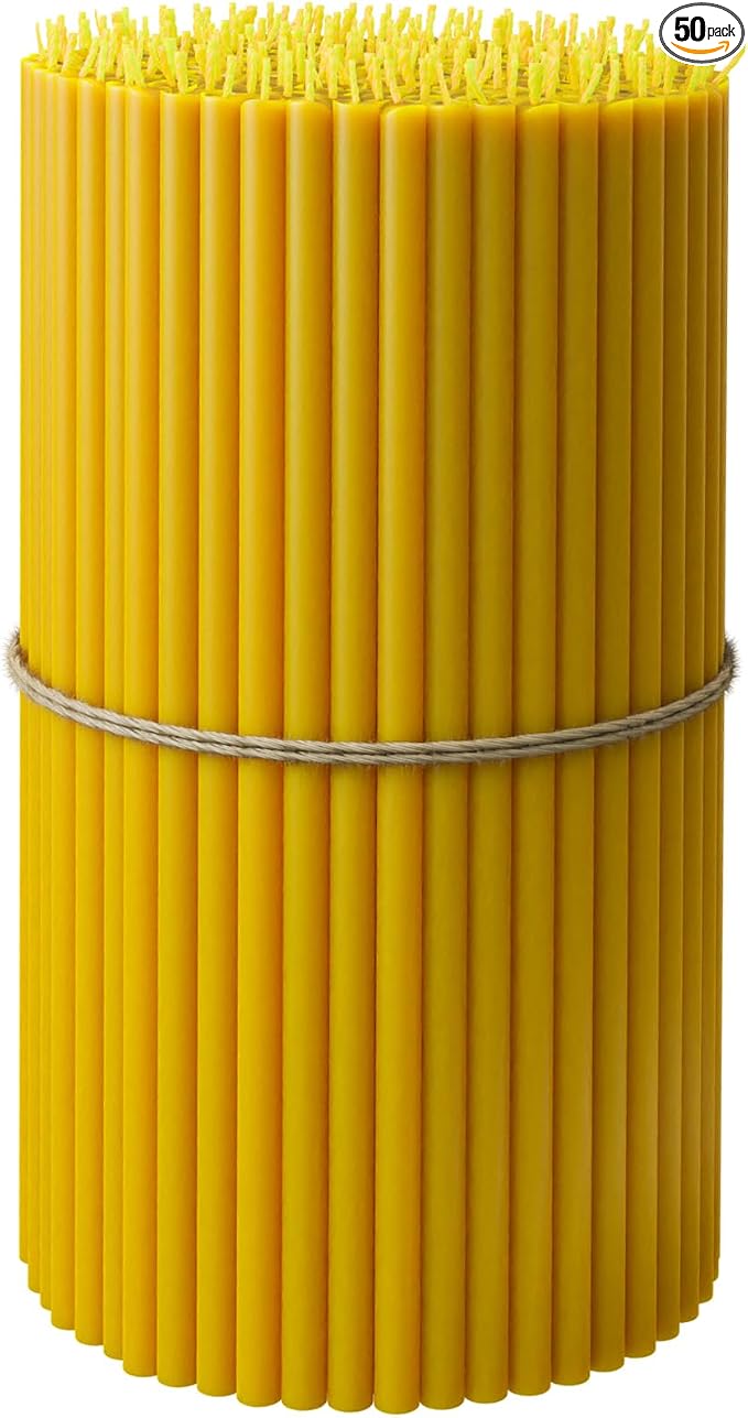 BlueBee Pure Beeswax Candles Bulk for Home - 50pcs Tall Thin Taper Candles, Honey Scent, Smokeless, Long-Burn, All Natural for Church Prayer, Hanukkah, Birthday Cake