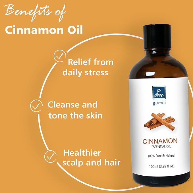 GM Gumili Cinnamon Essential Oil, 100% Pure Undiluted Cinnamon Oil for Diffuser, Massage - 100ml/3.38 oz