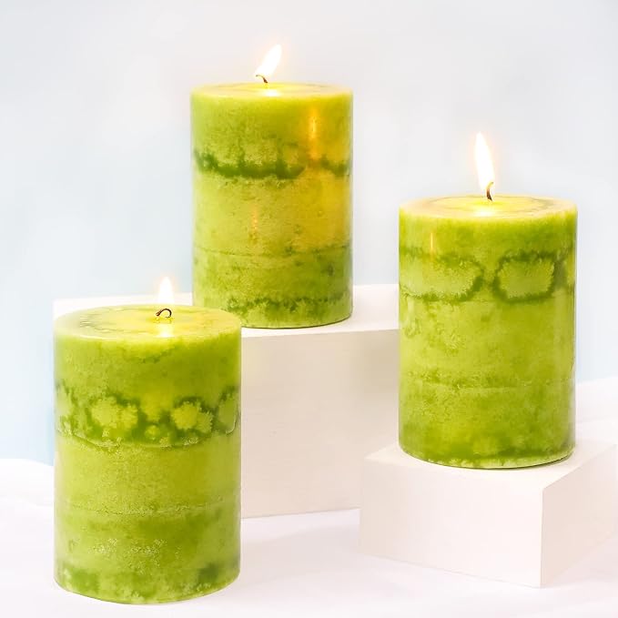 Green Pillar Candles Set of 3 Sage Scented Long Burning Candles 3x4 inch Aromatherapy Clean Burn Dripless Candle for Dinner Table,Weddings, Holidays Home Decorations