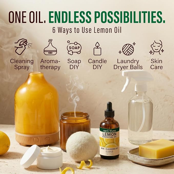 100% Pure Lemon Oil - 4 Fl Oz Lemon Essential Oil for Hair, Skin, Diffuser, Aromatherapy & DIY Soap Making Scent