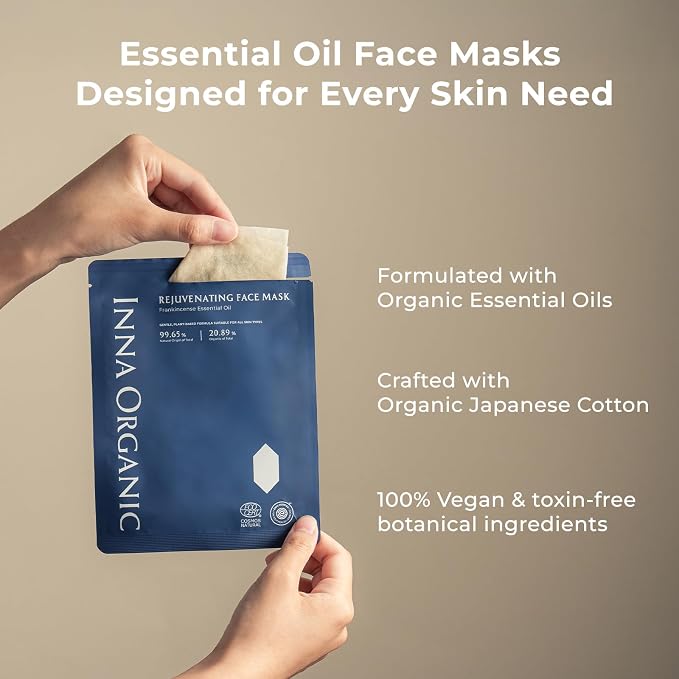 INNA ORGANIC Organic Sheet Mask - Anti-aging & Tightening, EWG & COSMOS Certified (Pack of 5) | Frankincense Essential Oils Infused Skin Care | Luxury Clean Beauty