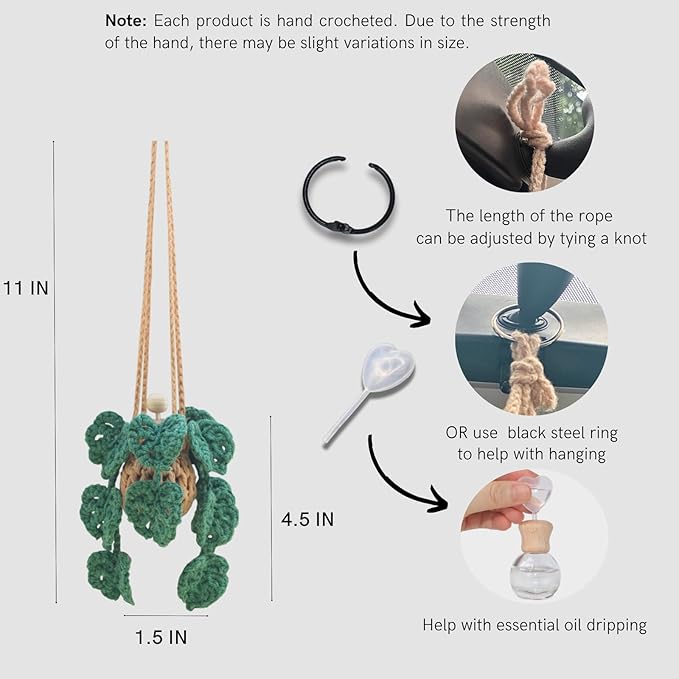 Cute Crochet Car Plant Monstera Essential Oil Diffuser Bottle - 12ml Refillable, Green Car Accessory for Mirror Decor and Home Decor