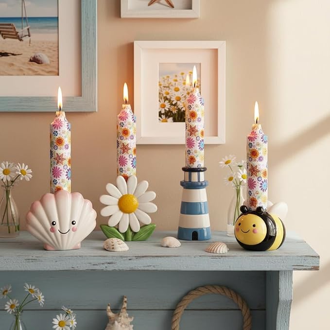 5 inch Short Candle Floral Candle Sticks Seashell Printed Candles Stick Handmade Unscented Taper Candle 4 Pack Flower Tapered Candles for Evening Wedding, Bohemian Seaside Theme Home Decor