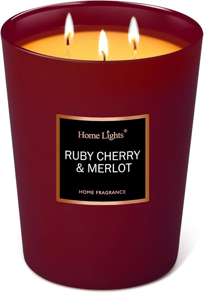HomeLights Scented Candles - Large Jar Aromatherapy, Natural Soy Wax, 130 Hour Long Burning, Ruby Cherry & Merlot