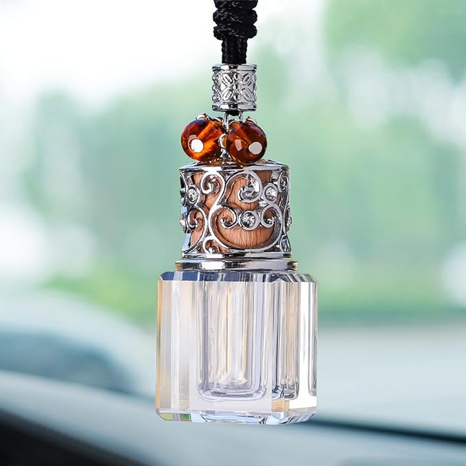 Car Air Freshener Diffuser Hanging Ornament, Diamond-Shaped Empty Crystal Bottle Car Mirror Hanging Accessories, Elegant Bottle Pendant with Wooden Caps Rear View Mirror Accessories