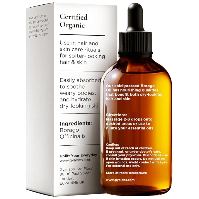 Gya Labs USDA Organic Borage Oil - 1.69 Fl Oz - Carrier Oil for Hair, Skin, Face, Scalp & Body Massage