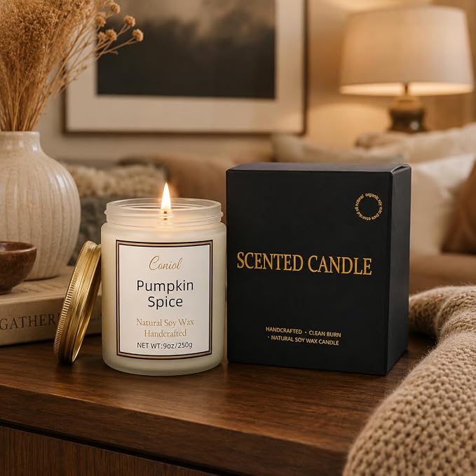 Pumpkin Spice Scented Candles for Home, Natural Soy Wax Candle with Essential Oils, 9oz Amber Jar Aromatherapy Candel, 50H Long & Non-Toxic Burning, Hand Poured, Giftable, Relaxation, Birthday