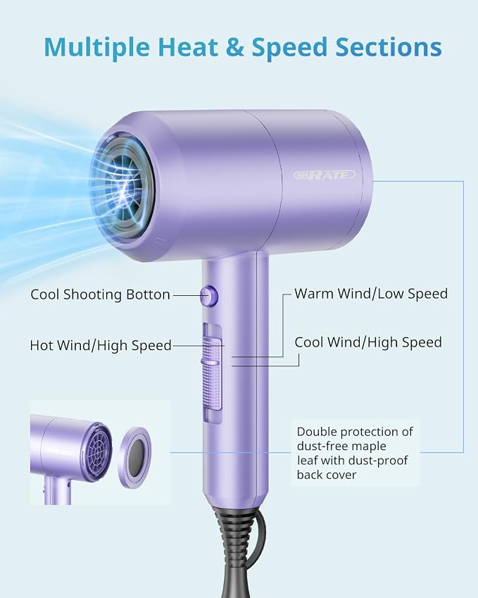 SHRATE Ionic Hair Dryer with Diffuser | Professional Blow Dryer for Curly, Frizzy & All Hair Types | Low Noise & Gentle for Sensitive Hair | Compact & Portable Design for Home, Travel, Women & Men