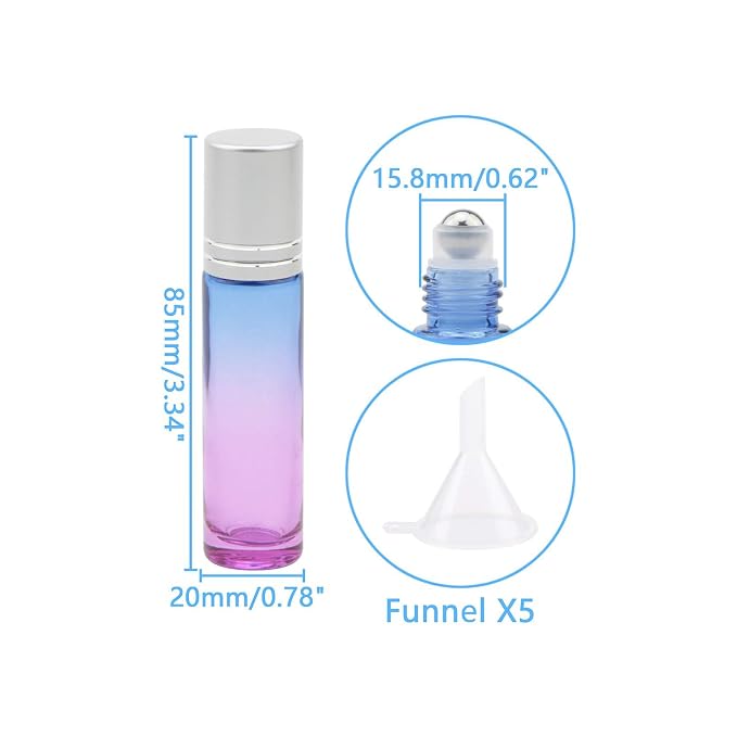 10Pcs Glass Roller Bottles Set, 10ml (1/3oz) Blue Purple Gradient Roll on Vials with Funnels for Essential Oil Aromatherapy Perfume Liquid Massage