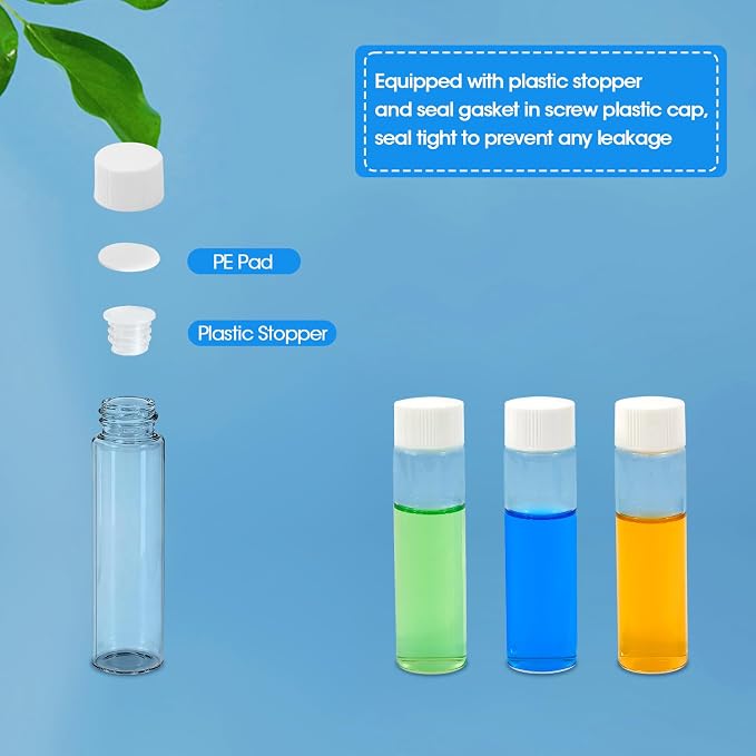 20ml Clear Glass Vials with Screw Caps and Plastic Stoppers, Small Liquid Sample Vial, Leak-Proof Vial, 12PCS(White Cap)