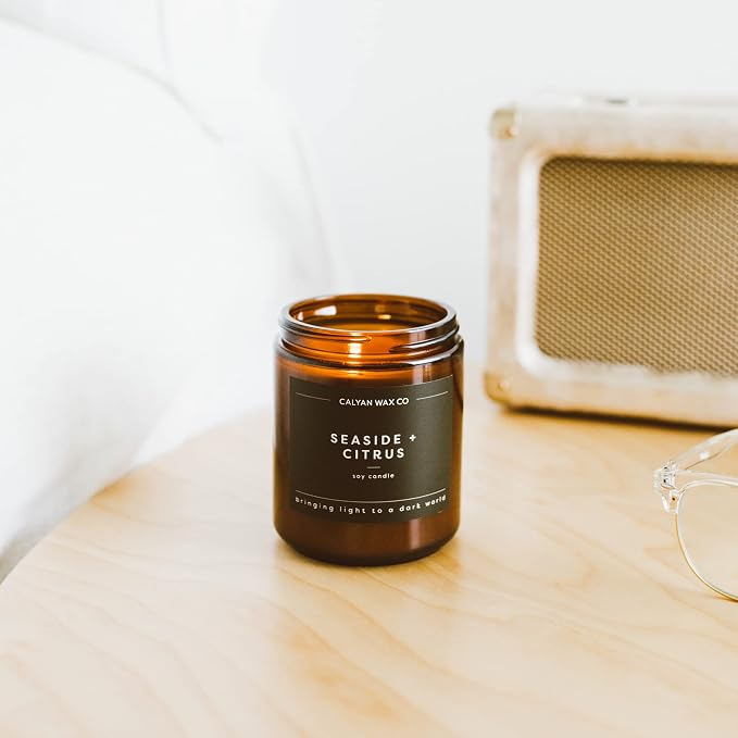 Calyan Wax Co. Seaside & Citrus Scented Candle - 57 Hour Burn - Luxury Clean Soy Wax Candles - Long Lasting Amber Glass Jar Candle for Home - 7.2oz