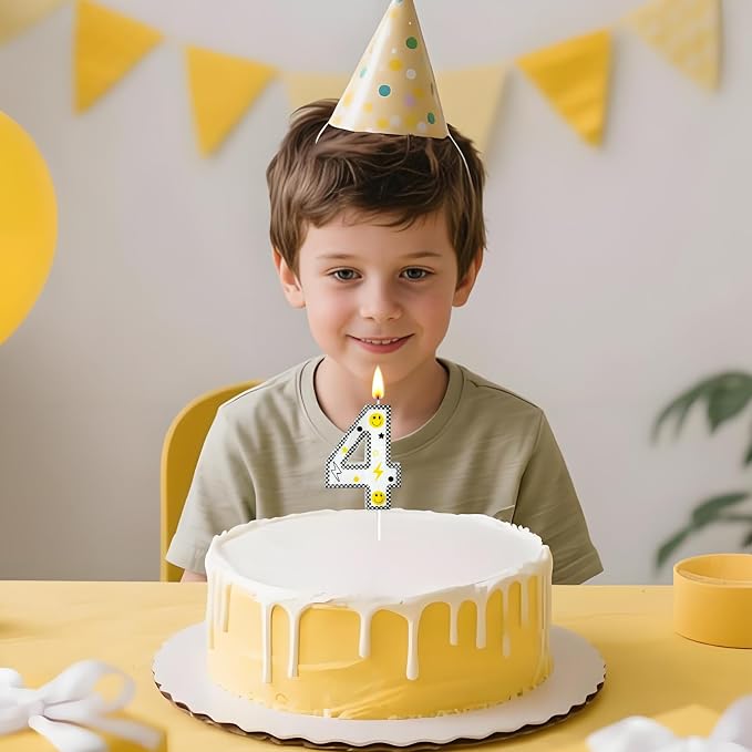 Number 4 Birthday Candle for Cake – 2.7 Inch Large Size Black White Checkered Smiley Design with Lightning & Star – four Happy Dude Theme Cake Topper Decoration