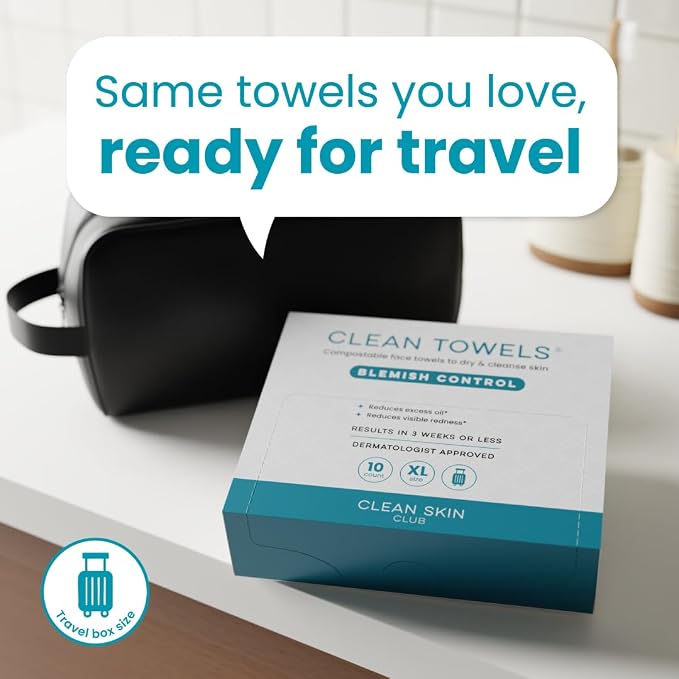 Clean Skin Club Blemish Control Clean Towels® XL, Travel Pack,Face Towels, Light Exfoliation for Oily Skin, Eczema Association Accepted Face Towel, TSA-Approved Travel Essential,1 Pack, 10 Ct Total