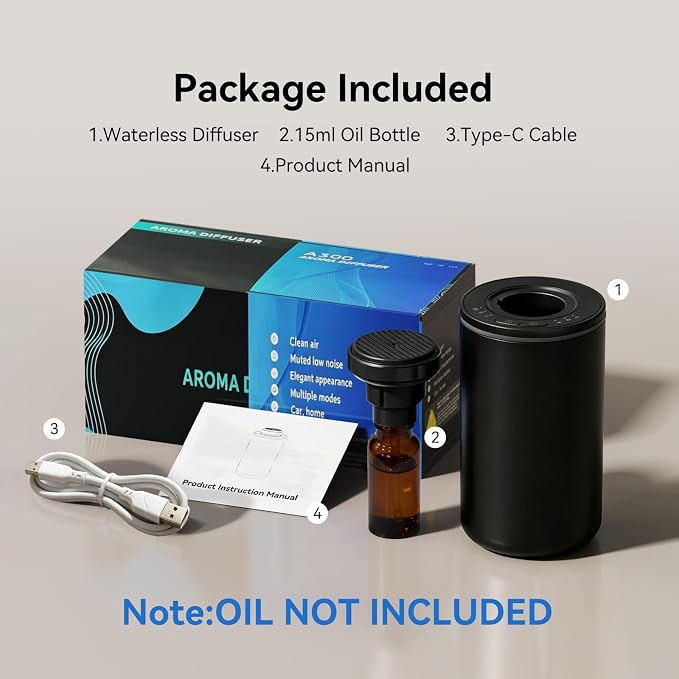 Essential Oil Diffuser,15ml Waterless Scent Diffuser,Rechargeable Portable Travel Diffuser with 3 Mist Mode & Timers,Dual Color LED Light,Small Car Air Freshener for Home,Office,Car, Black