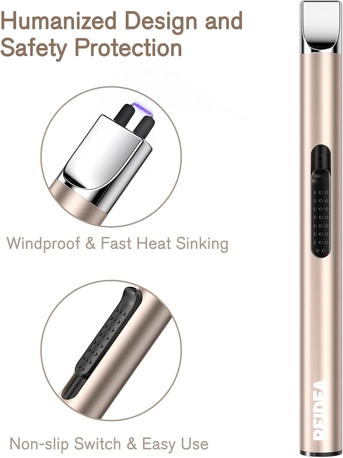 REIDEA Electronic Candle Lighter - USB Rechargeable with Security Lock, Windproof, Non-Slip Switch for Candle, Grill, Camping (Champagne Gold + White)