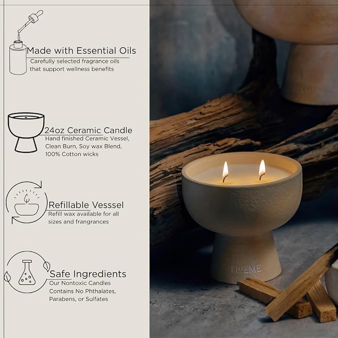 Blueme Spiritual Candle | Palo Santo & Vetiver | 4 Wick - Refillable Wellness Candle with Essential Oils, Hand Finished & Poured Soy Wax Blend Ceramic Vessel, Natural Cotton Wicks | Large 24 oz