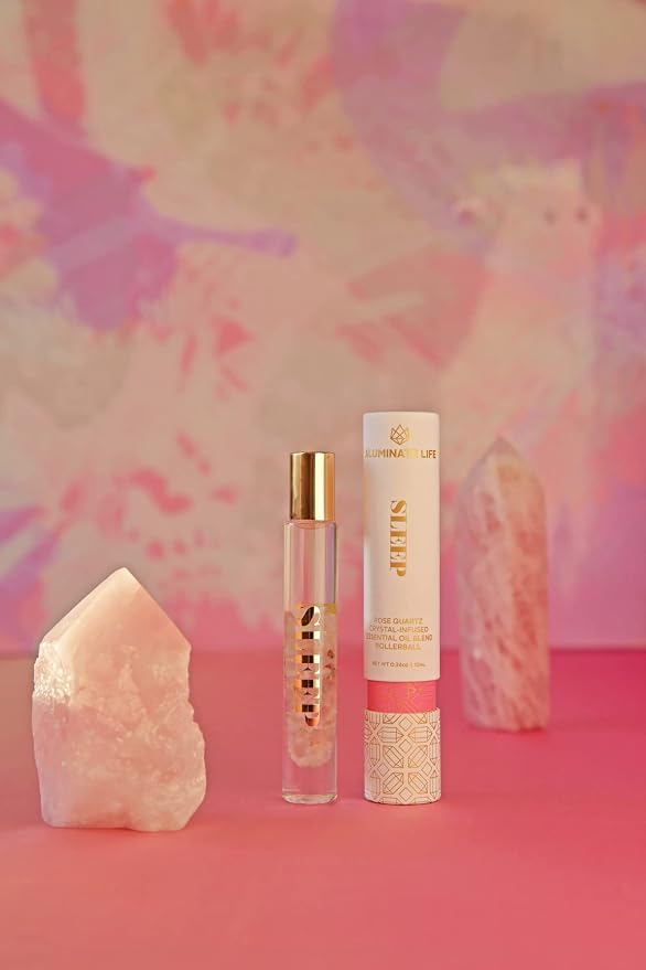 Essential Oil Rollerball - Sleep, 0.34 oz – Rose Quartz Crystal Infused Roll On with Rose, Lavender & Vanilla – Aromatherapy Blend, Vegan, Made in USA, Gift Ready