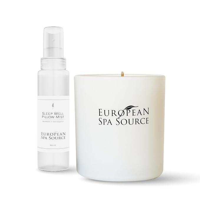 European Spa Source Tranquil Dreams Bundle: SleepWell Eucalyptus + Lavender Pillow Spray & French Lavender Candle, 4 Fl Oz