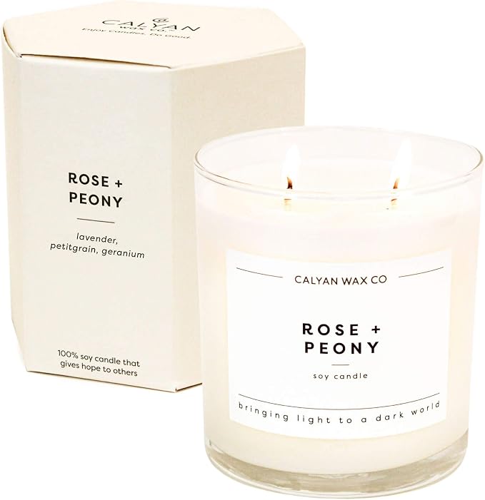 Calyan Wax Co. Rose & Peony 2 Wick Scented Candle - 37 Hour Burn - Luxury Clean Soy Wax Candles - Long Lasting Large Glass Jar Candle for Home - 8.8oz