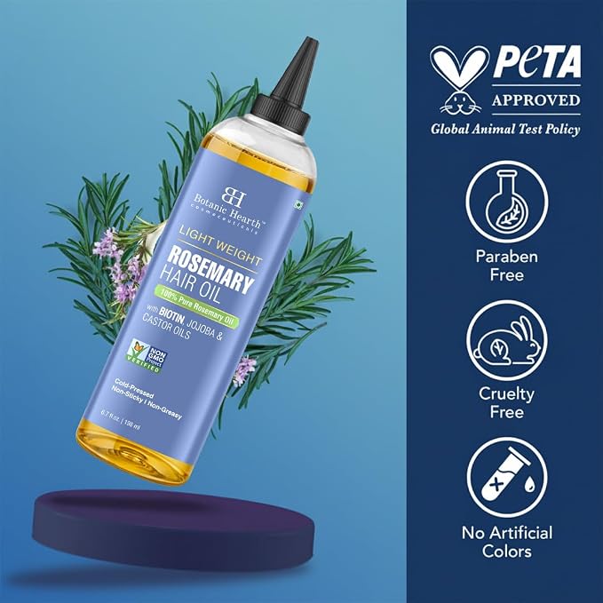 Botanic Hearth Rosemary Hair Oil | 6.7 fl oz | Lightweight Non-Greasy Oil for Fine & Thin Hair | With Rosemary, Castor Oil & Biotin | Smooths Frizz & Adds Shine | Daily Use for Men & Women
