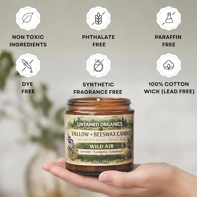 Untamed Organics Grass-Fed Tallow Candle, Essential Oil Scented (Lavender Eucalyptus Cedarwood), No Synthetic Fragrance, Non-Toxic, 100% Cotton Wick, Hand Poured, 8 oz Amber Glass Jar, 50+ Hr Burn