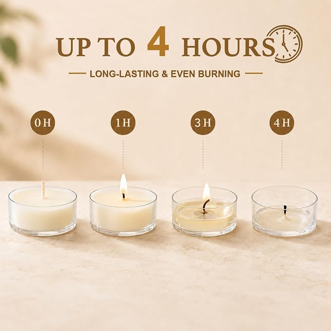 Soy Tealight Candles 100 Pack,4 Hours Unscented White Tea Candles | Natural Soy Wax,Clean Burning,Clear Cup Design,Small Votives Bulk for Home Decor Wedding Spa Meditation and Wax Warmers