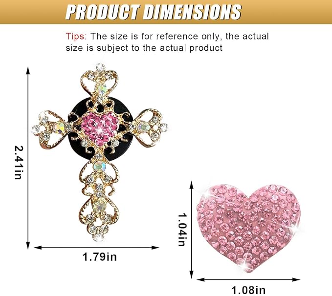 2PCS Bling Cross & Heart Car Dashboard Air Vent Trim Clip, Sparkly Rhinestone Car Air Vent Clips, Diamond Auto Diffuser Charm Clip, Auto Interior Decoration Accessory for Women Girls (Pink)