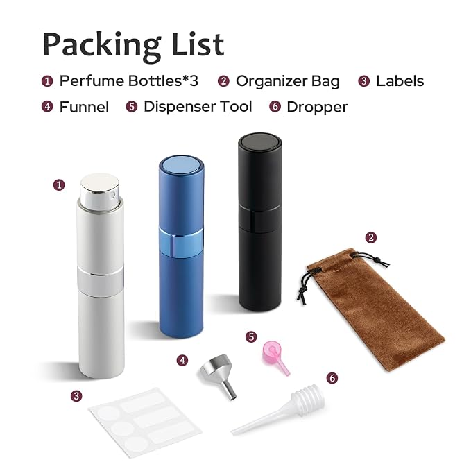 LISAPACK 8ML Atomizer Perfume Spray Bottle for Travel (3 PCS) Empty Cologne Dispenser, Portable Sprayer (Black, Silver, Blue)