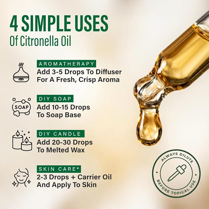 100% Pure Citronella Oil - 4 Fl Oz Citronella Essential Oil for Hair, Skin, Diffuser, Aromatherapy & DIY Soap Making Scent