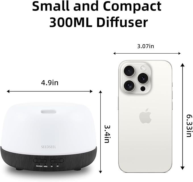 SEEDSEEL 300ML Essential Oil Diffuser with Remote Control, Aromatherapy Diffuser with 7-Color Changing LED Light for Small Rooms, Bedroom, and Home