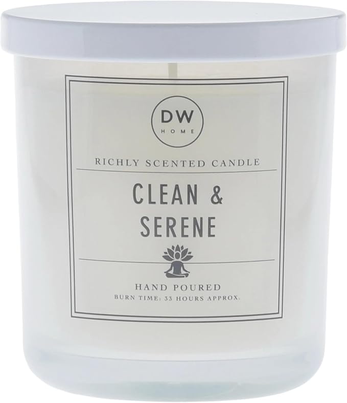 DW Home Clean & Serene Scented Candle – Fresh Ozone, Jasmine & Lily Blossom Fragrance, 9 oz Single Wick Jar Candle, Long Burning Home Fragrance