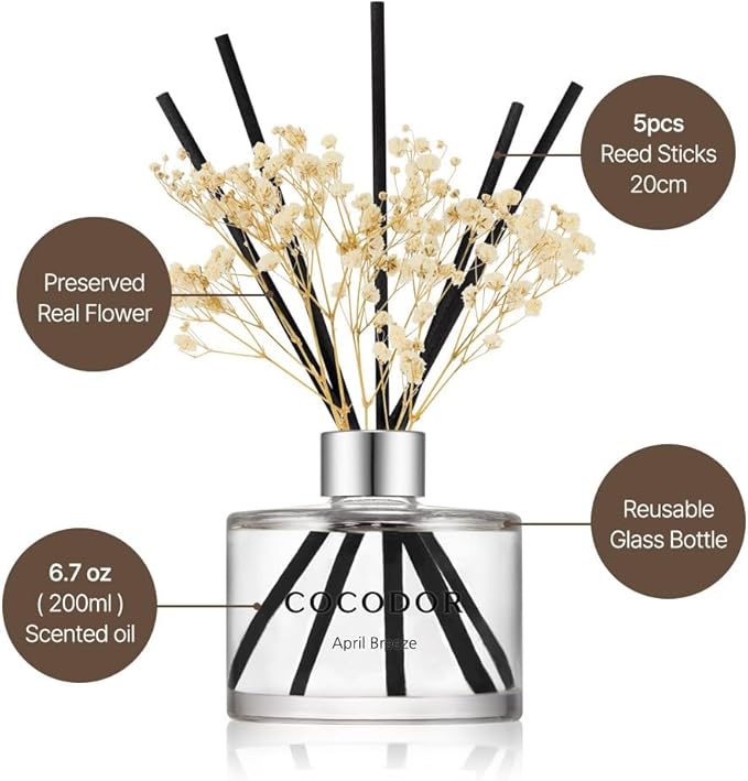 COCODOR Preserved Real Flower Reed Diffuser/Refreshing Air / 6.7oz(200ml) / 2 Pack/Reed Diffuser Set, Oil Diffuser & Reed Diffuser Sticks, Home Decor & Office