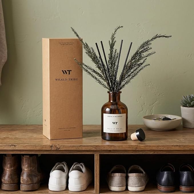 WEALD TRIBE Reed Diffuser Set for Bathroom Air Fresheners, Oil Diffuser Sticks | French Black Juniper & Cedar Scent 4.0 fl oz Home Fragrance with Sticks Defusers | House Bedroom Office Shelf Decor
