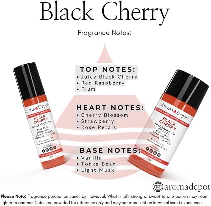 Aroma Depot Black Cherry Roll On Perfume Oil 10ml – Alcohol Free Fragrance Body Oil – Skin Safe, Phthalate Free, Travel Size 0.33 Fl Oz