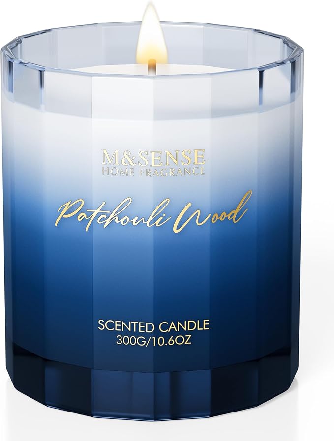 M&SENSE Sandalwood Patchouli Home Scented Candles, 10.6oz Natural Soy Wax | 60 Hours Long Lastig Slow Burn, Organic Non Toxic, Woody Scent Gifts for Men