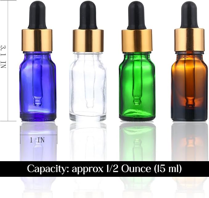 H&D HYALINE & DORA Glass Bottles for Essential Oils with Glass Eye Dropper And Rubber Bulb, 1/2 oz Capacity,Pack of 4