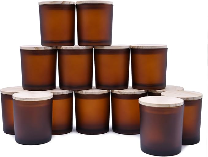SHOWIN 8 OZ Thick Candle Jars for Making Candles 15 Pcs, Empty Amber Jars with Wood Lids for Candle Making, Sample Container, Frosted Brown