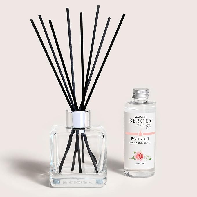 MAISON BERGER Reed Diffuser Bouquet, 100 ml, Paris Chic | Clear Glass Bottle, 8 Reed Sticks, 100 ml Refill, Up to 6-Week Passive Diffusion, No Flame, Made in France