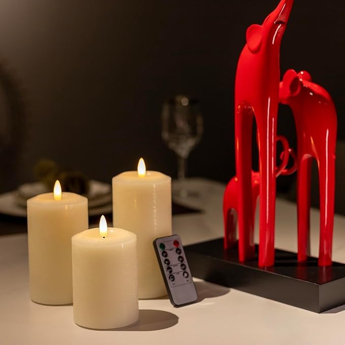 ANGELLOONG Flameless Pillar Candles with Remote, Real Wax LED Candles with Timer, Set of 3 Battery Operated Electric Flickering Candle for Home Decor, Living Room, Bedroom, Party