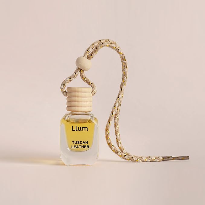 Llum Tuscan Leather Hanging Car Air Freshener – Luxury Automotive Perfume Diffuser 10ml (0.34 fl oz), Long-Lasting Fragrance, Alcohol-Free Non-Toxic Scent, Glass Bottle With Wood Cap