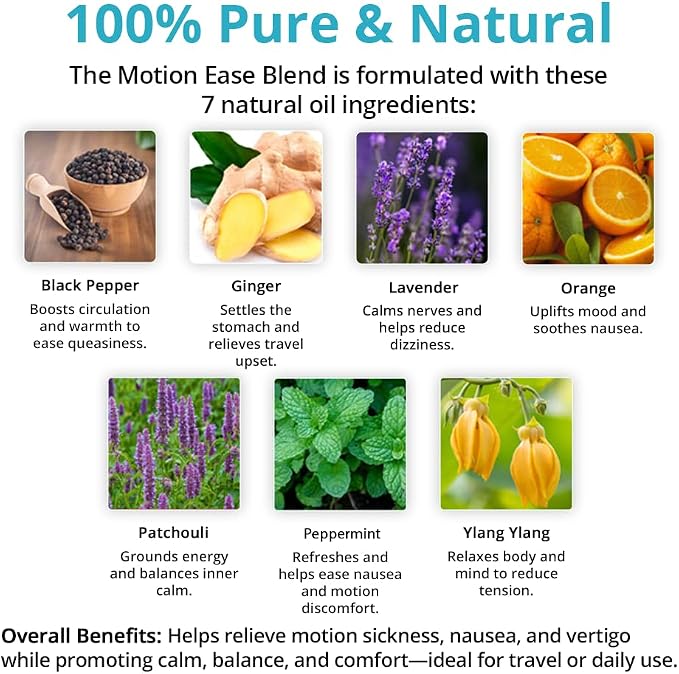 Wild Essentials Motion Ease 100% Pure Essential Oil Synergy Blend, 10ml, Formula for Motion Sickness, Nausea, Upset Stomach, Vertigo, Dizzy, seasick, carsick. Made and Bottled in The USA (1)