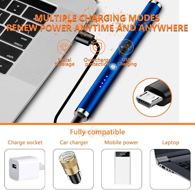 Candle Lighter Rechargeable Dual Arc Plasma Lighter for Kitchen, Windproof Long Lighter with LED Power Display, USB Lighters for Candle, BBQs, Fireworks, Camping (Blue)